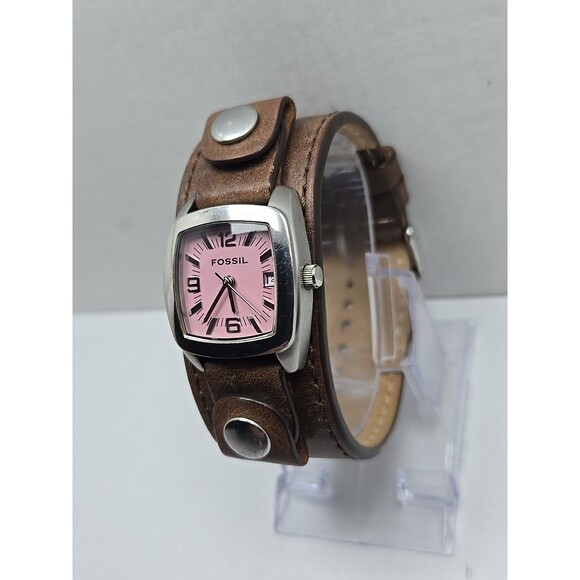 Fossil JR 8516 Pink Dial Date Womens Quartz Watch Brown Leather Cuff New Battery - Picture 2 of 11